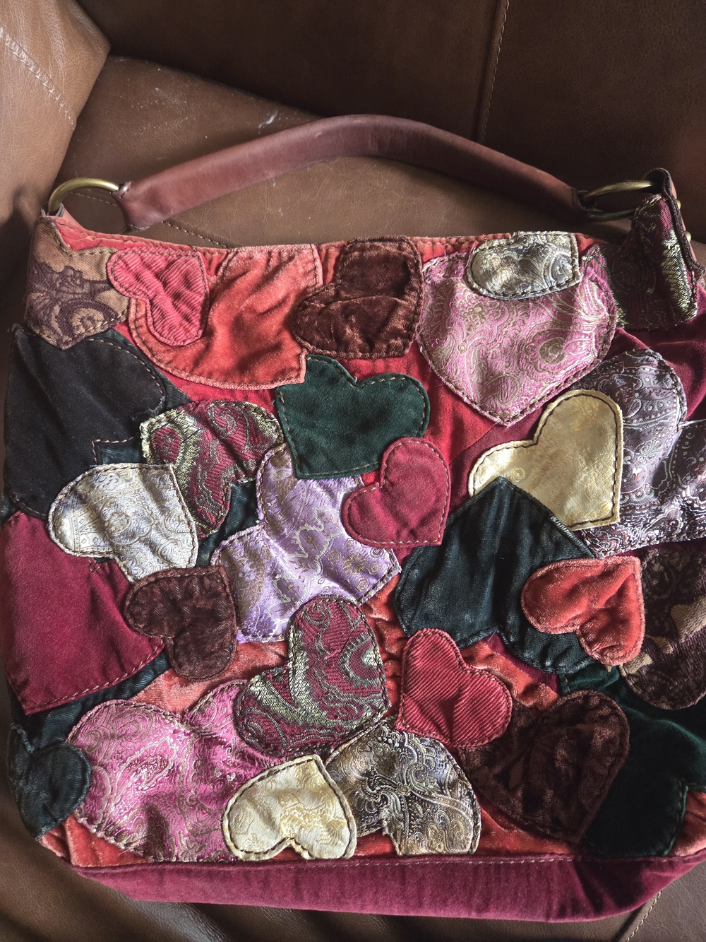 Lucky Brand Velvet Patchwork Hobo Bag - Multicolor Hearts - Picture 3 of 14
